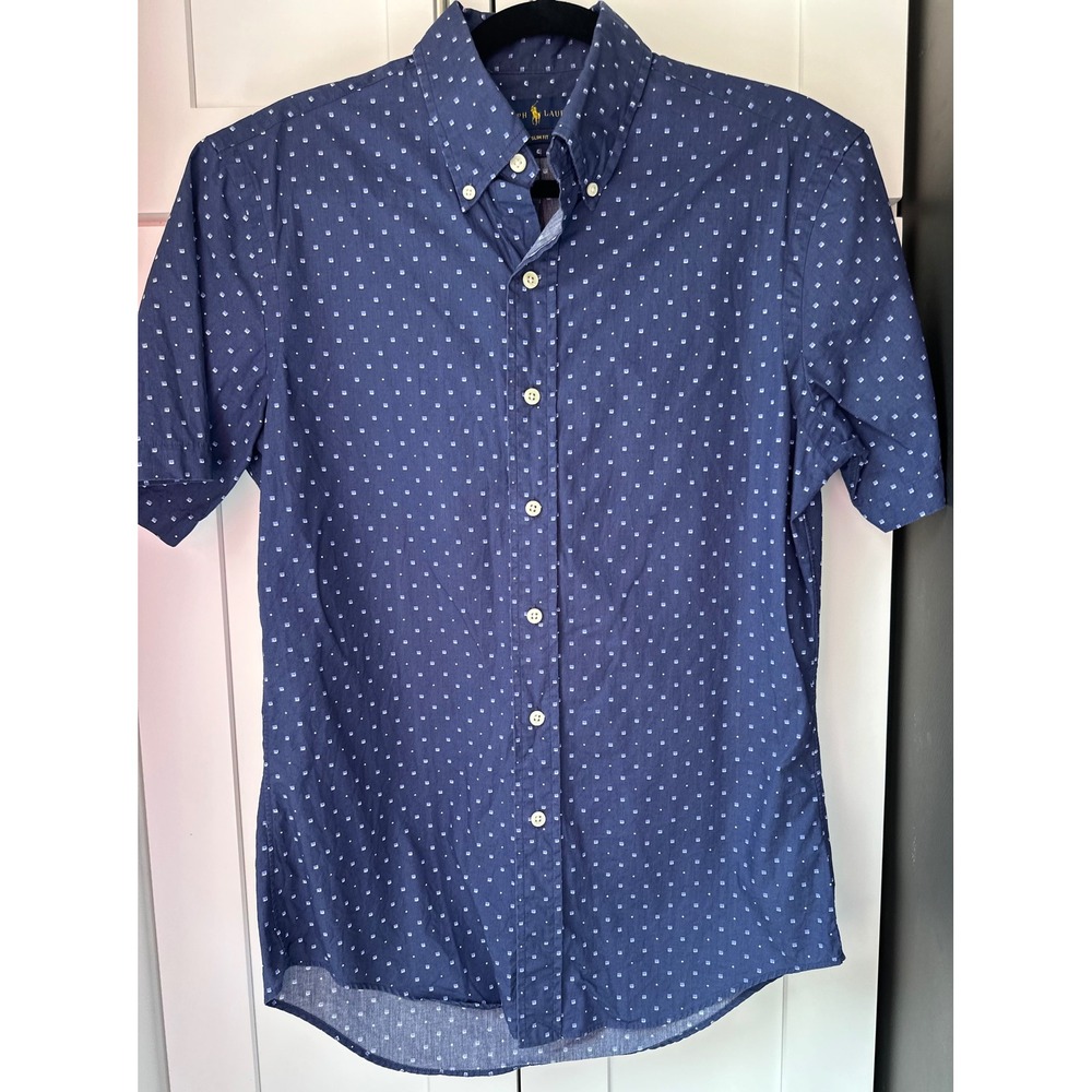 Polo Ralph Lauren Men's S Slim Fit Blue Geometric Short Sleeve Button Down 0377